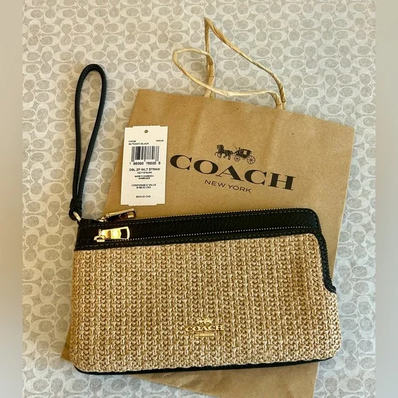 NWT COACH DOUBLE ZIP LARGE WALLET WRISTLET STRAW CAP26 LEATHER TOAST/BLACK - Picture 1 of 12